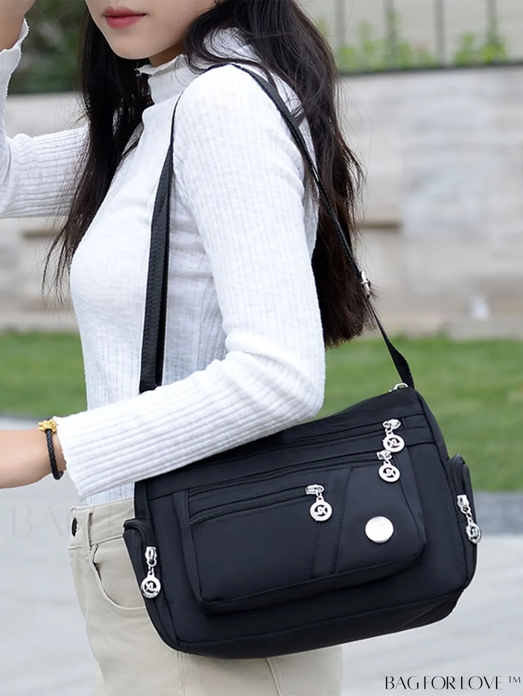 BagForLove - Minimalist Nylon Crossbody Bag: Womens Solid Color Shoulder Purse with Multi Pockets & Zipper