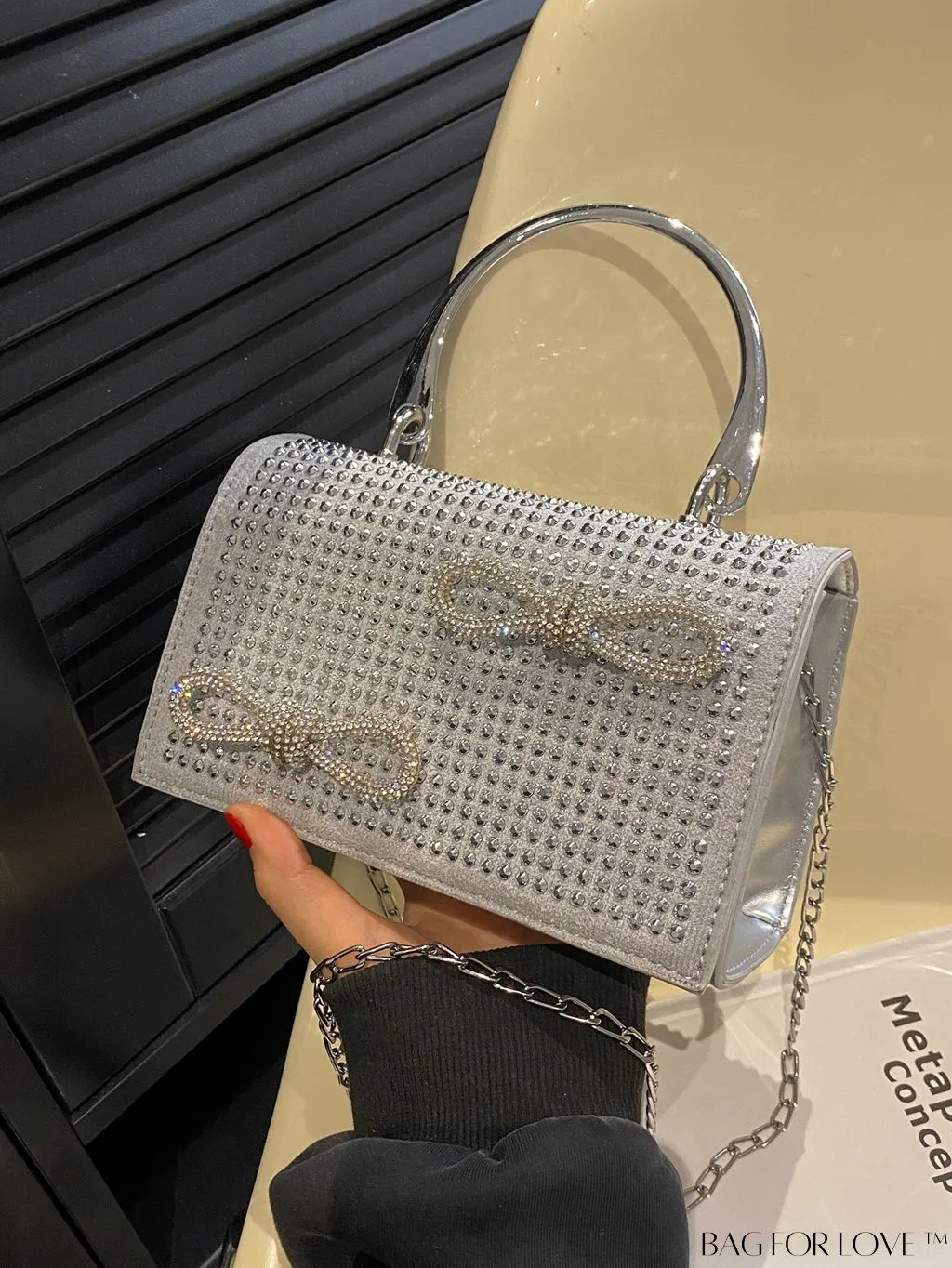 BagForLove - Rhinestone & Bow Mini Flap Bag - Square Design