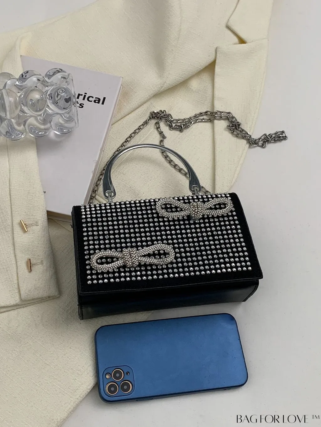 BagForLove - Rhinestone & Bow Mini Flap Bag - Square Design