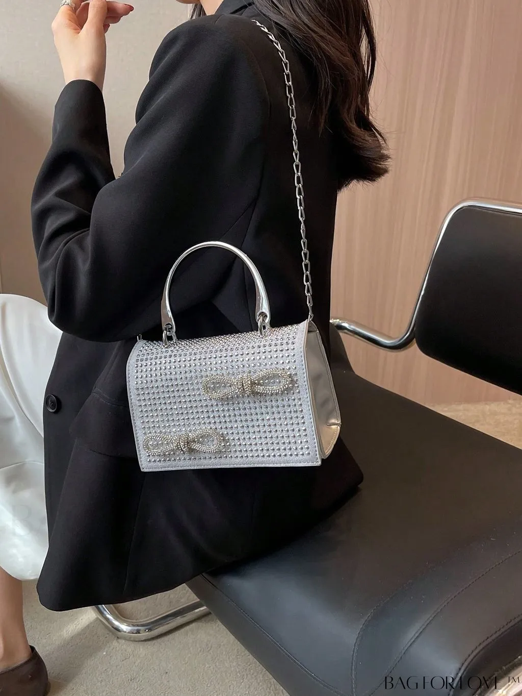 BagForLove - Rhinestone & Bow Mini Flap Bag - Square Design