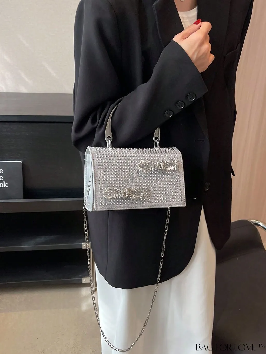 BagForLove - Rhinestone & Bow Mini Flap Bag - Square Design