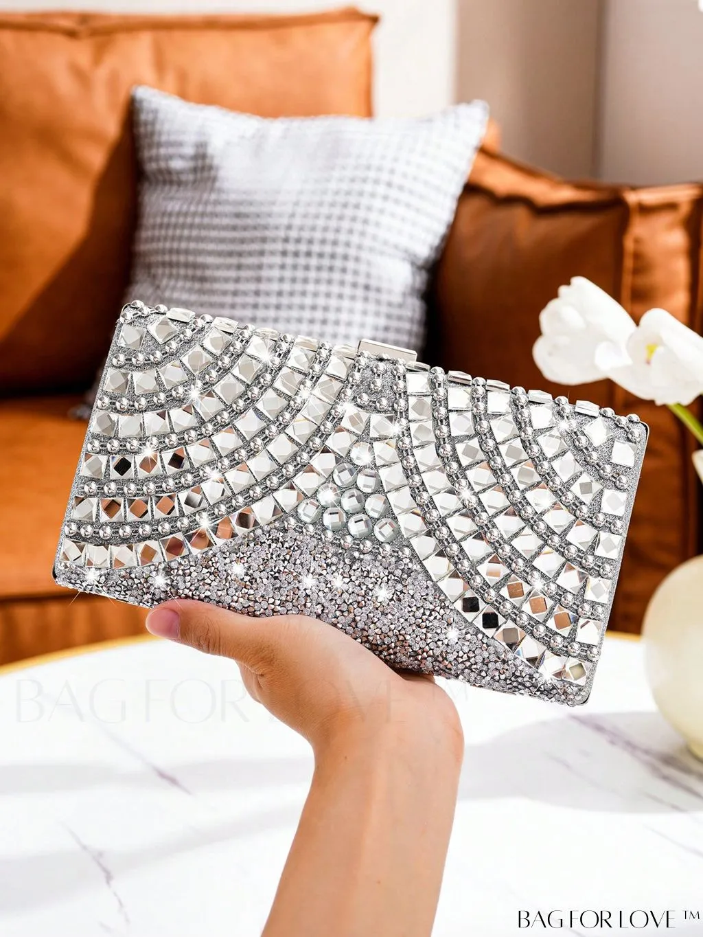 BagForLove - Silver Rhinestone Box Bag - Exude Glamour and Elegance