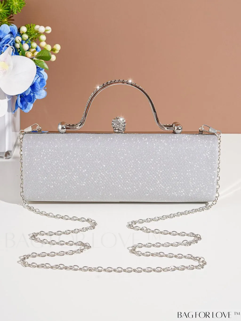 BagForLove - Square Glitter Evening Clutch Bag, Chain Strap, Elegant Design