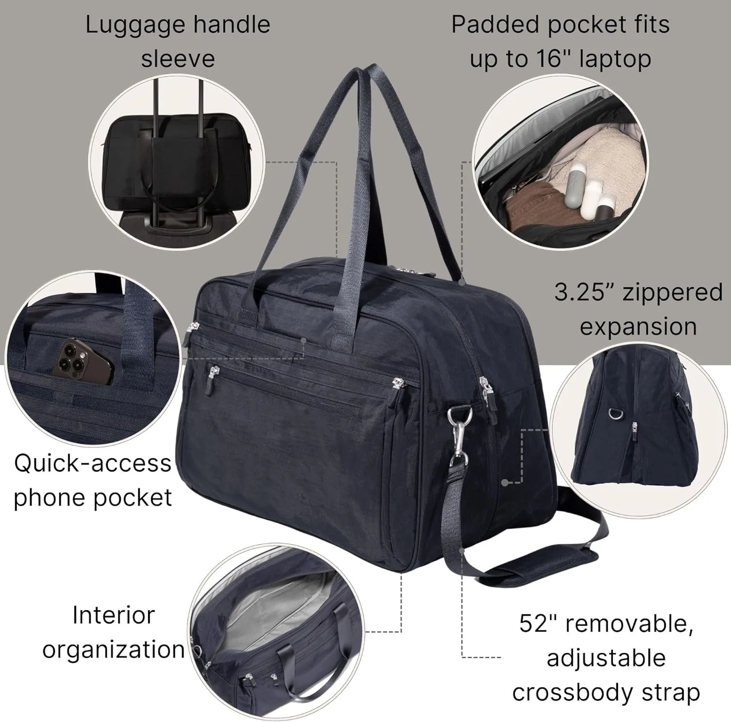 Baggallini Weekender Expandable Duffel - Lightweight 11x17 Inch Overnight Travel Bag