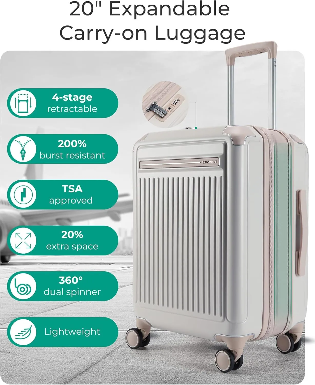 BAGSMART 20 inch Carry on Luggage with Spinner Wheel, Lightweight Carry on Suitcase TSA Lock, Hard Shell Carry on Luggage 22 x14 x 9 Airline Approved Travel Suitcase, Beige