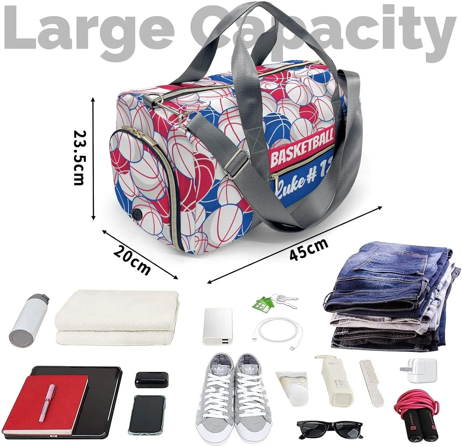 Basketball Pattern Fuchsia Blue White Waterproof Duffel Bag Training Travel Bag for Teens Adults Women Men