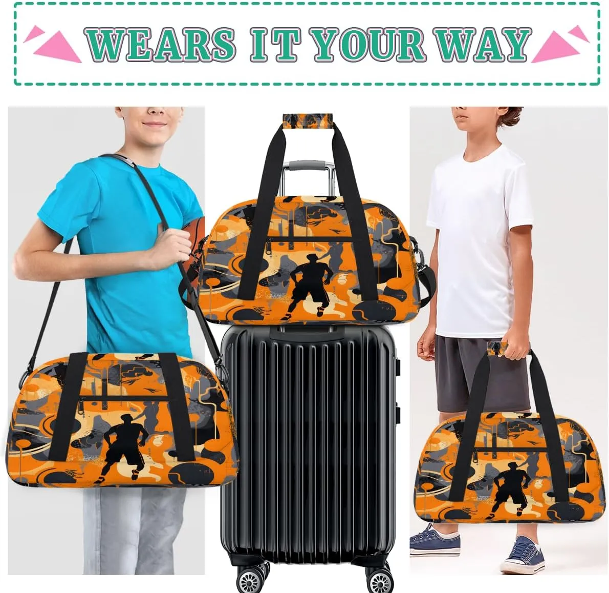Basketball Sport Kids Overnighter Duffel Bags for Boys, Carry-On Size Sports Gym Bag with Front Zipper Pocket for School Practice or Overnight Travel Weekender Sleepover Tote Bag