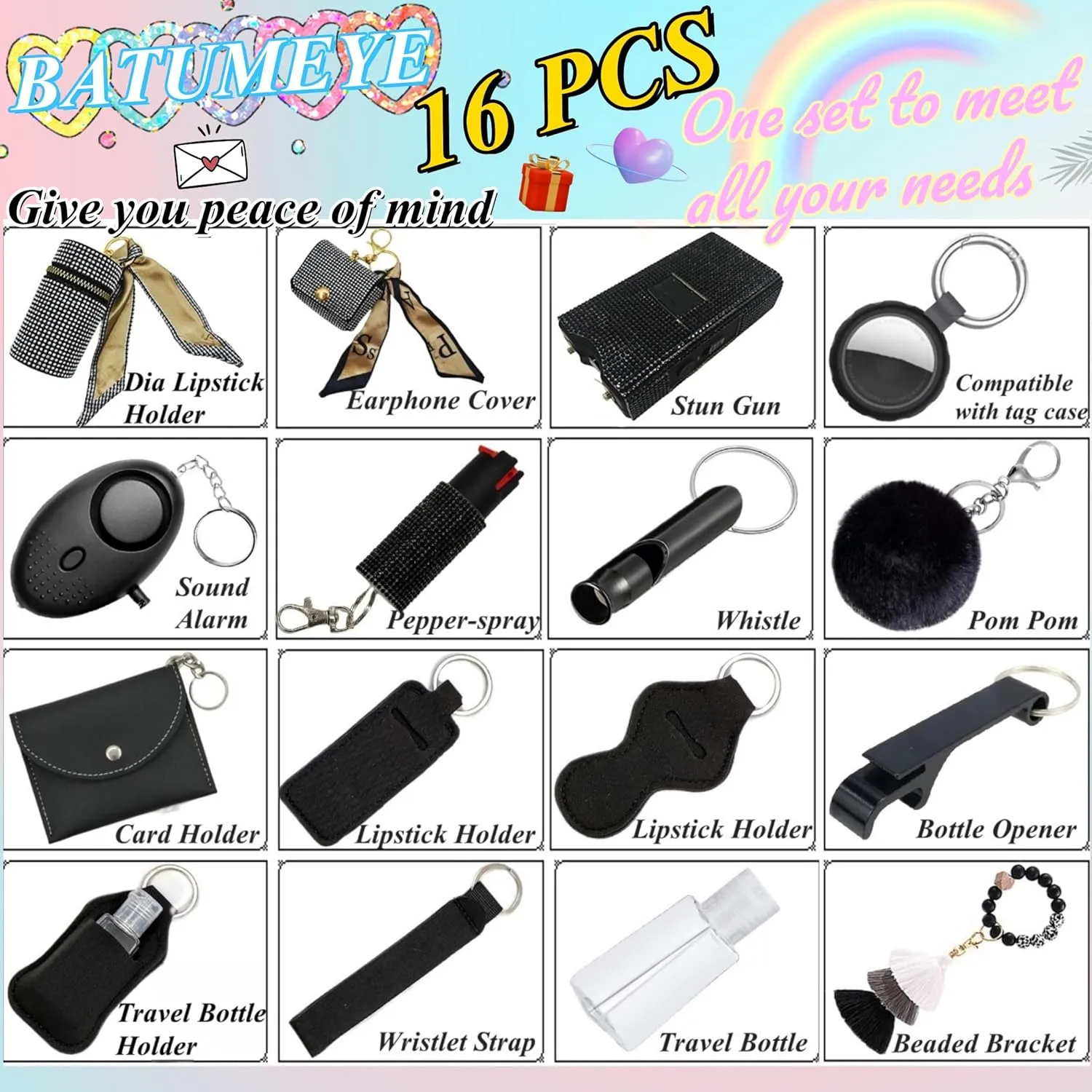 BATUMEYE Gift Keychain Set for Woman with Bottle Opener, Card Holder, Wristlet Strap, Whistle, Travel Bottle Holder