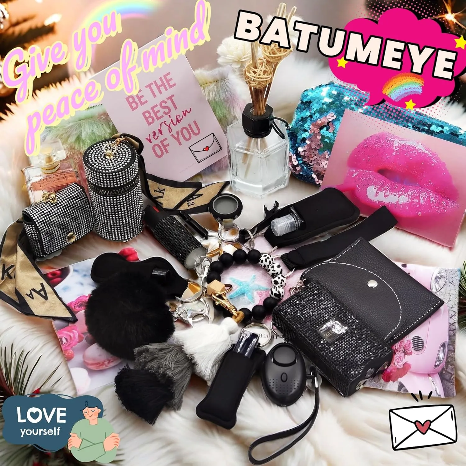 BATUMEYE Gift Keychain Set for Woman with Bottle Opener, Card Holder, Wristlet Strap, Whistle, Travel Bottle Holder