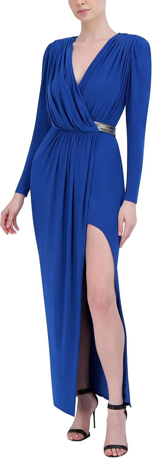BCBGMAXAZRIA Women's Faux Wrap Sheath Floor Length Evening Dress Long Sleeve Surplice Neck Beaded Belt Front Slit Gown