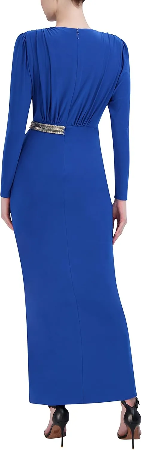 BCBGMAXAZRIA Women's Faux Wrap Sheath Floor Length Evening Dress Long Sleeve Surplice Neck Beaded Belt Front Slit Gown