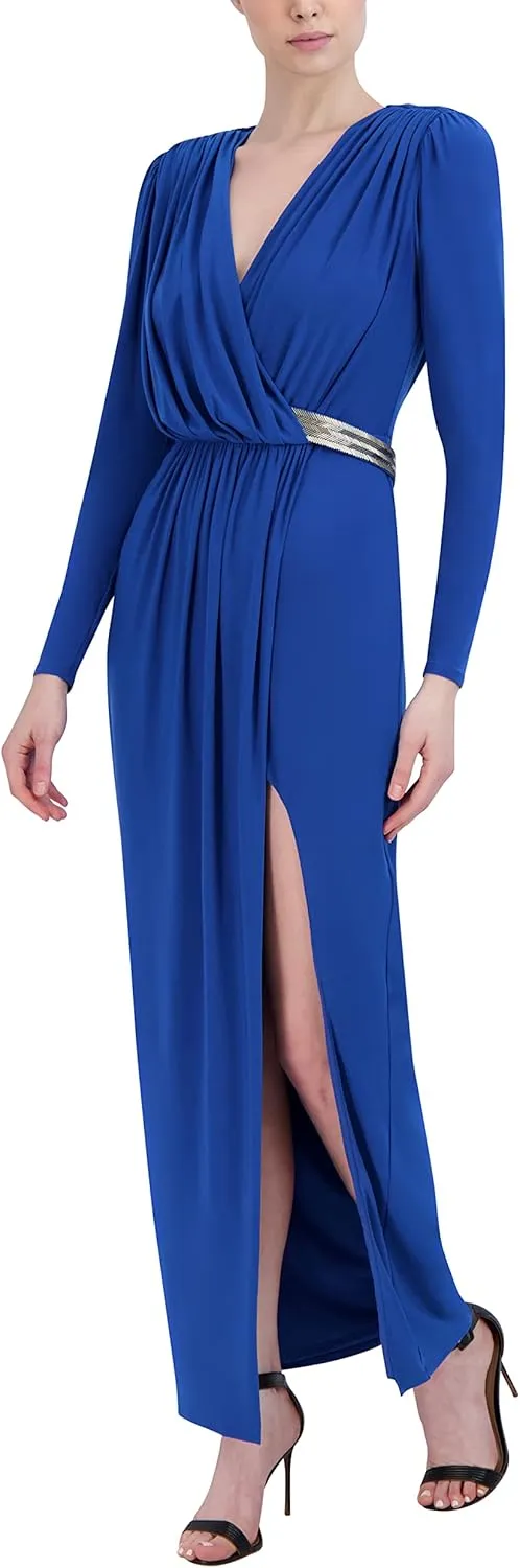 BCBGMAXAZRIA Women's Faux Wrap Sheath Floor Length Evening Dress Long Sleeve Surplice Neck Beaded Belt Front Slit Gown