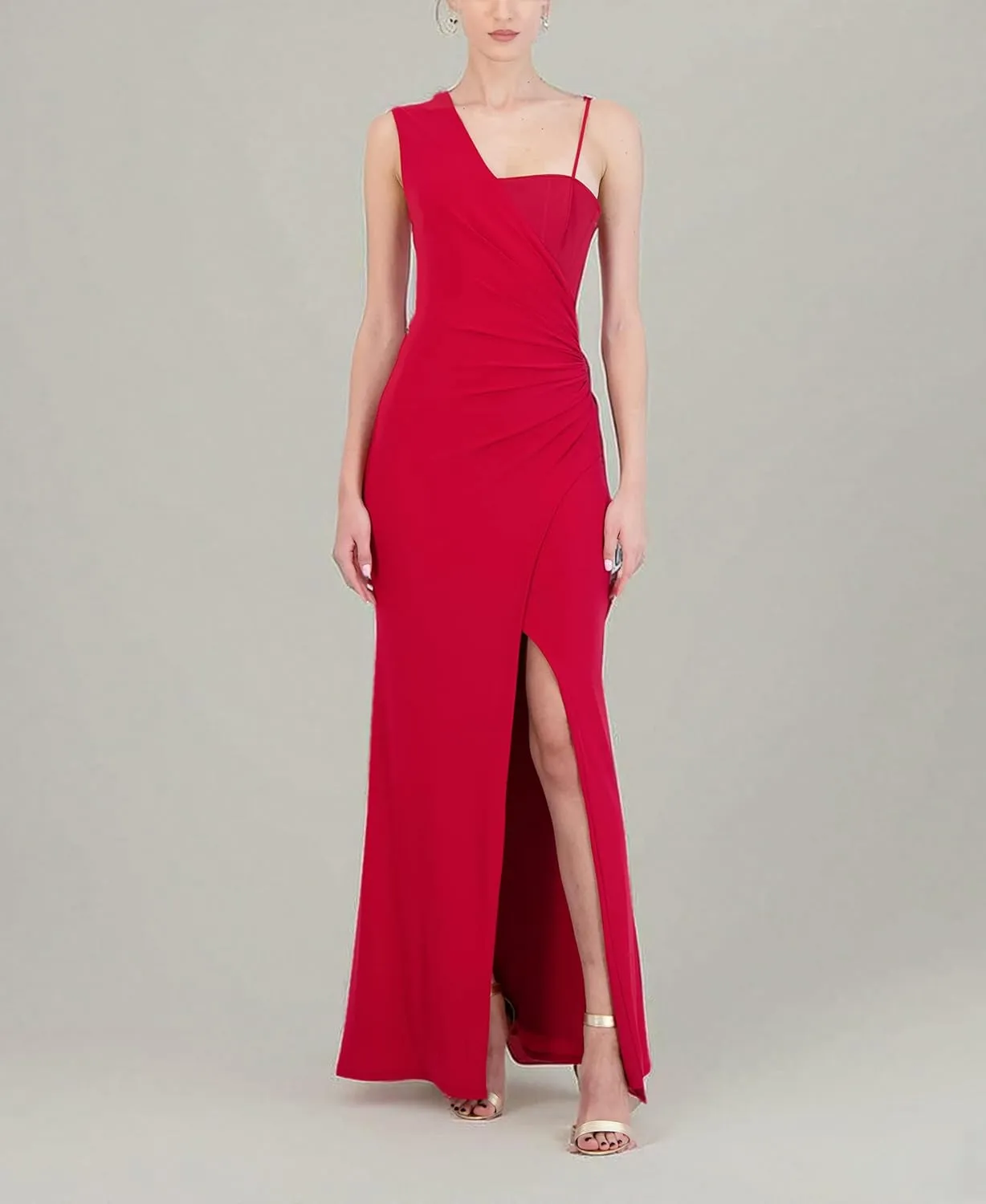 BCBGMAXAZRIA Women's Sleeveless Fit and Flare Long Evening Dress Adjustable Spaghetti Strap Asymmetrical Neck Front Slit