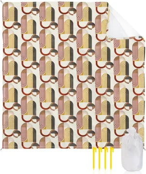 Beach Blanket Sandproof, Mid-Century Modern Abtract Print Beige Waterproof Beach Mat Lightweight Quick Drying Picnic Blanket Beach Essentials for Travel Camping Hiking 95x80in