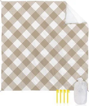 Beach Blanket Sandproof, Pastoral Style Khaki Lattice Waterproof Beach Mat Lightweight Quick Drying Picnic Blanket Beach Essentials for Travel Camping Hiking 118x108in
