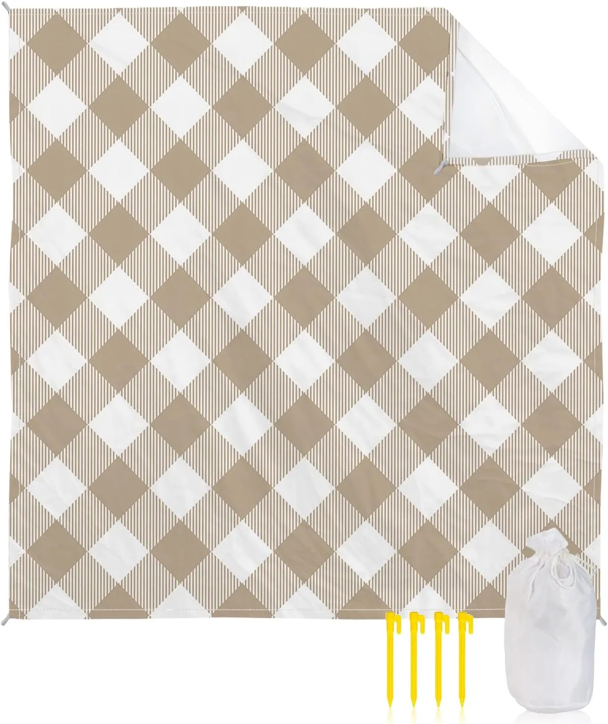 Beach Blanket Sandproof, Pastoral Style Khaki Lattice Waterproof Beach Mat Lightweight Quick Drying Picnic Blanket Beach Essentials for Travel Camping Hiking 118x108in