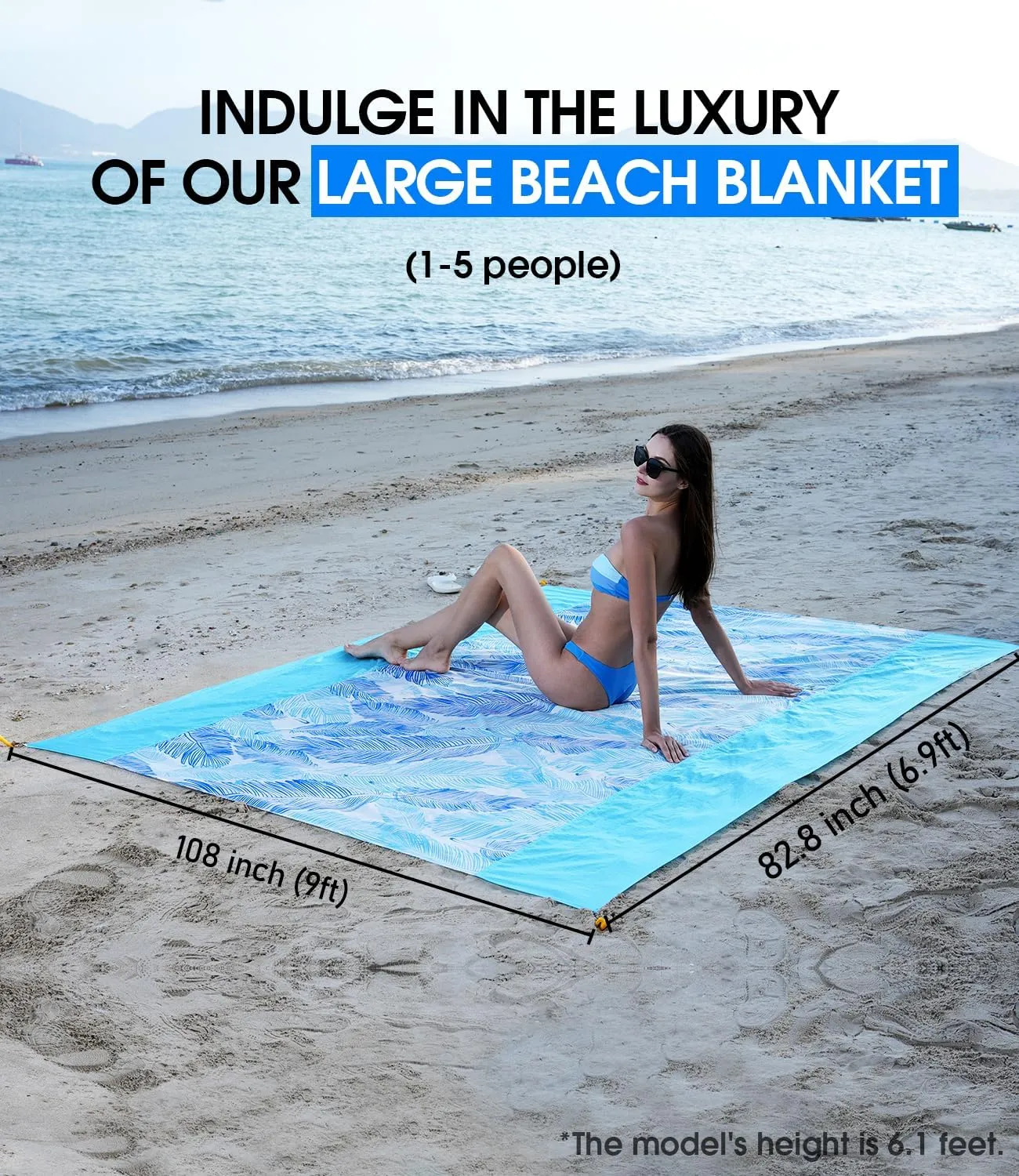 Beach Blanket Sandproof，Waterproof Beach Mat for Kid Pool, Outdoor Blanket for Beach, Vacation, Picnic Bkanket with Portable Bag, 4 Stakes & 3 Water Bag for 1-5 People(Large)