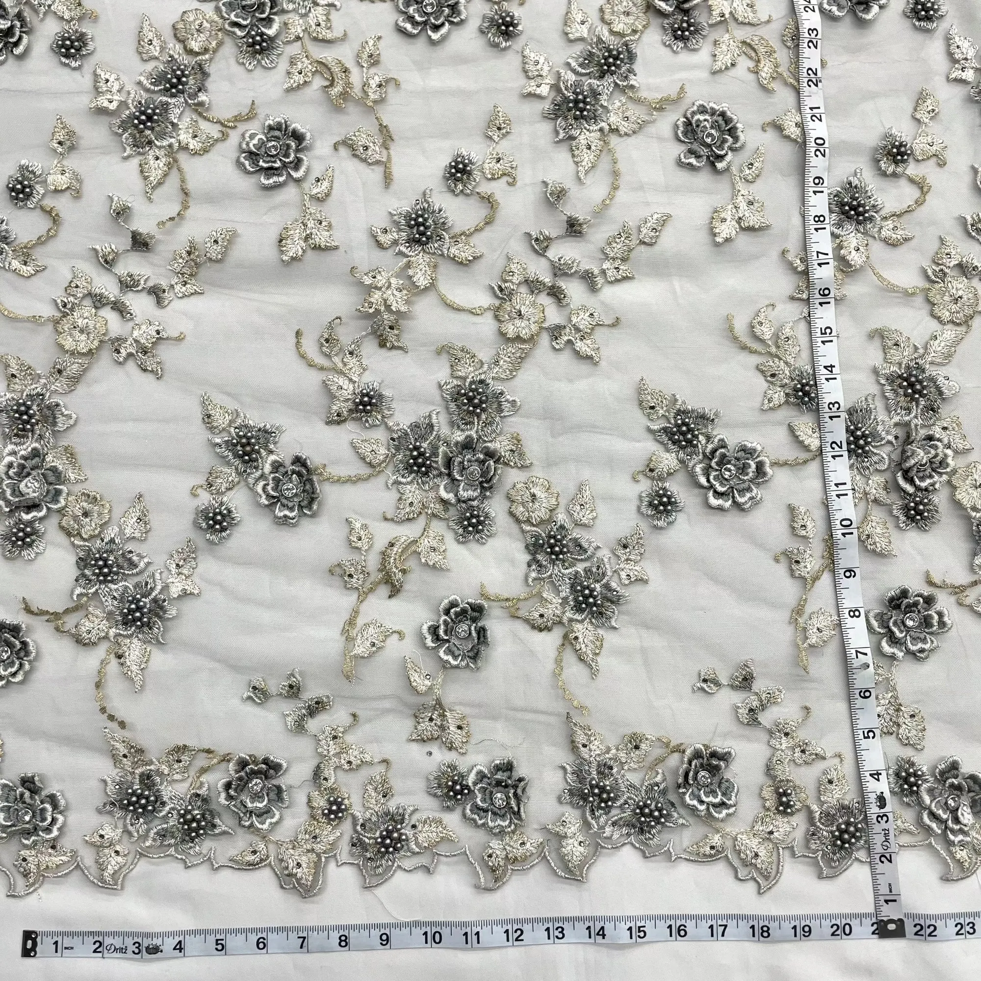 Beaded 3D Floral Lace Fabric Embroidered on 100% Polyester Net Mesh | Lace USA - GD-417