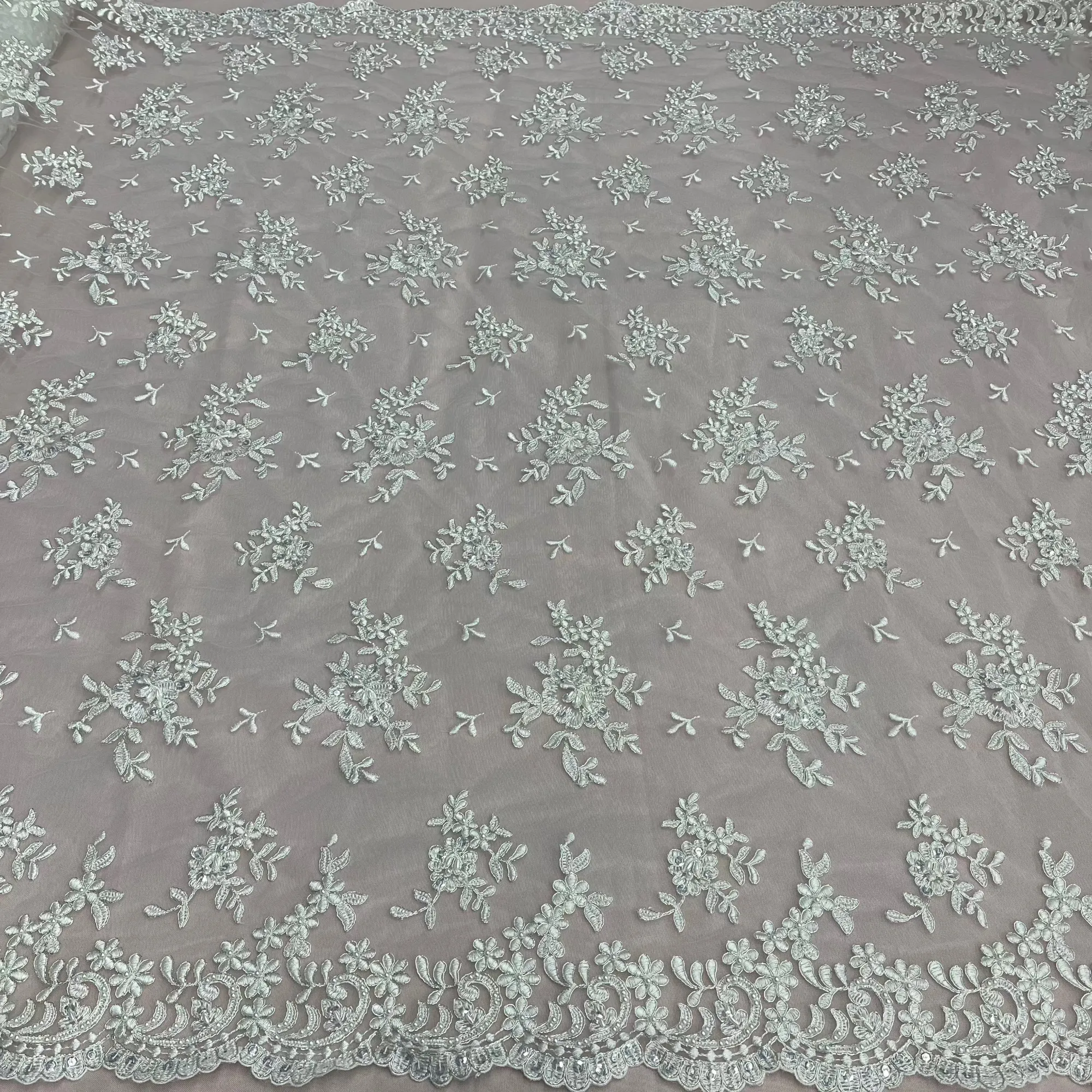Beaded & Corded Bridal Lace Fabric Embroidered on 100% Polyester Net Mesh | Lace USA - 91436W-BP
