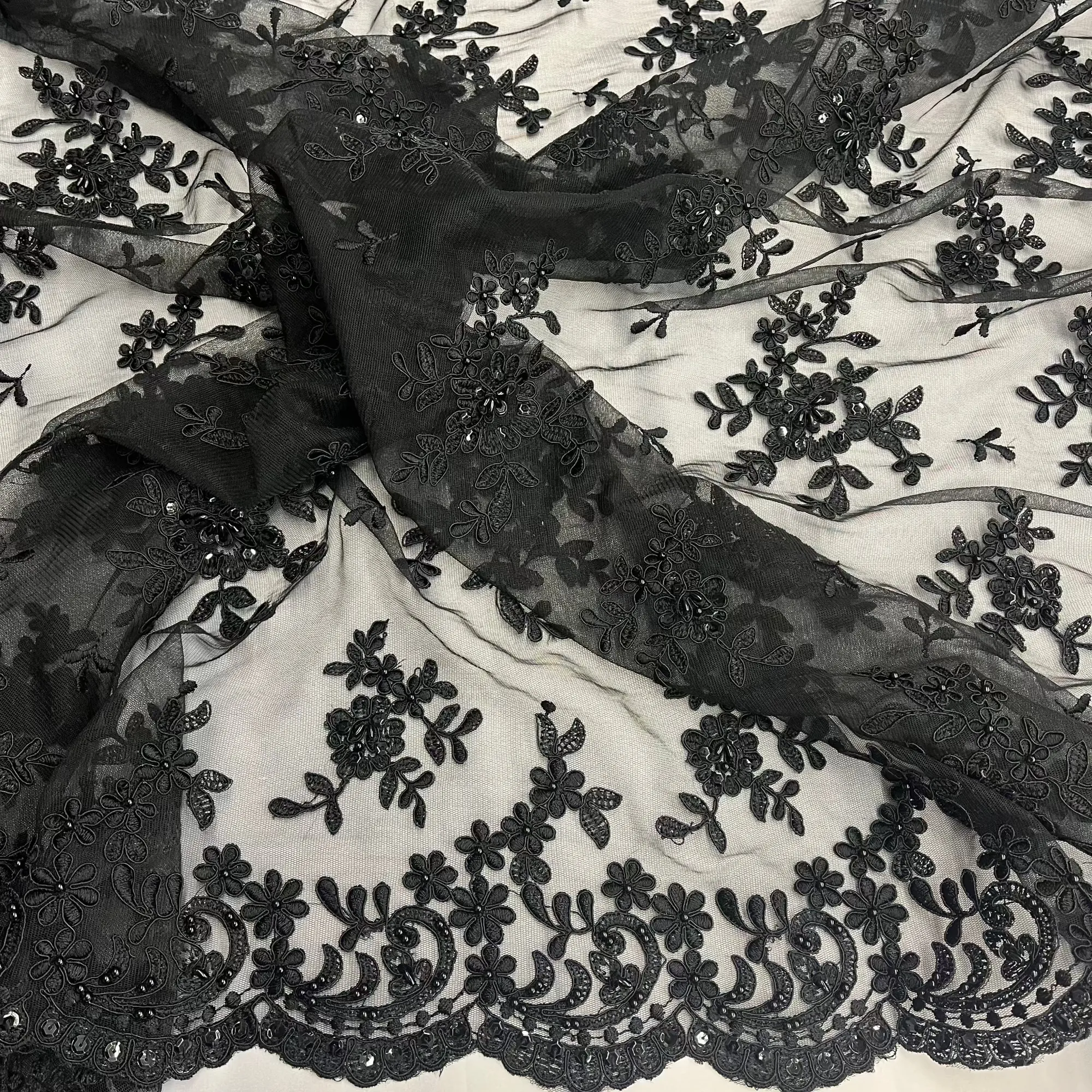 Beaded & Corded Bridal Lace Fabric Embroidered on 100% Polyester Net Mesh | Lace USA - 91436W-BP