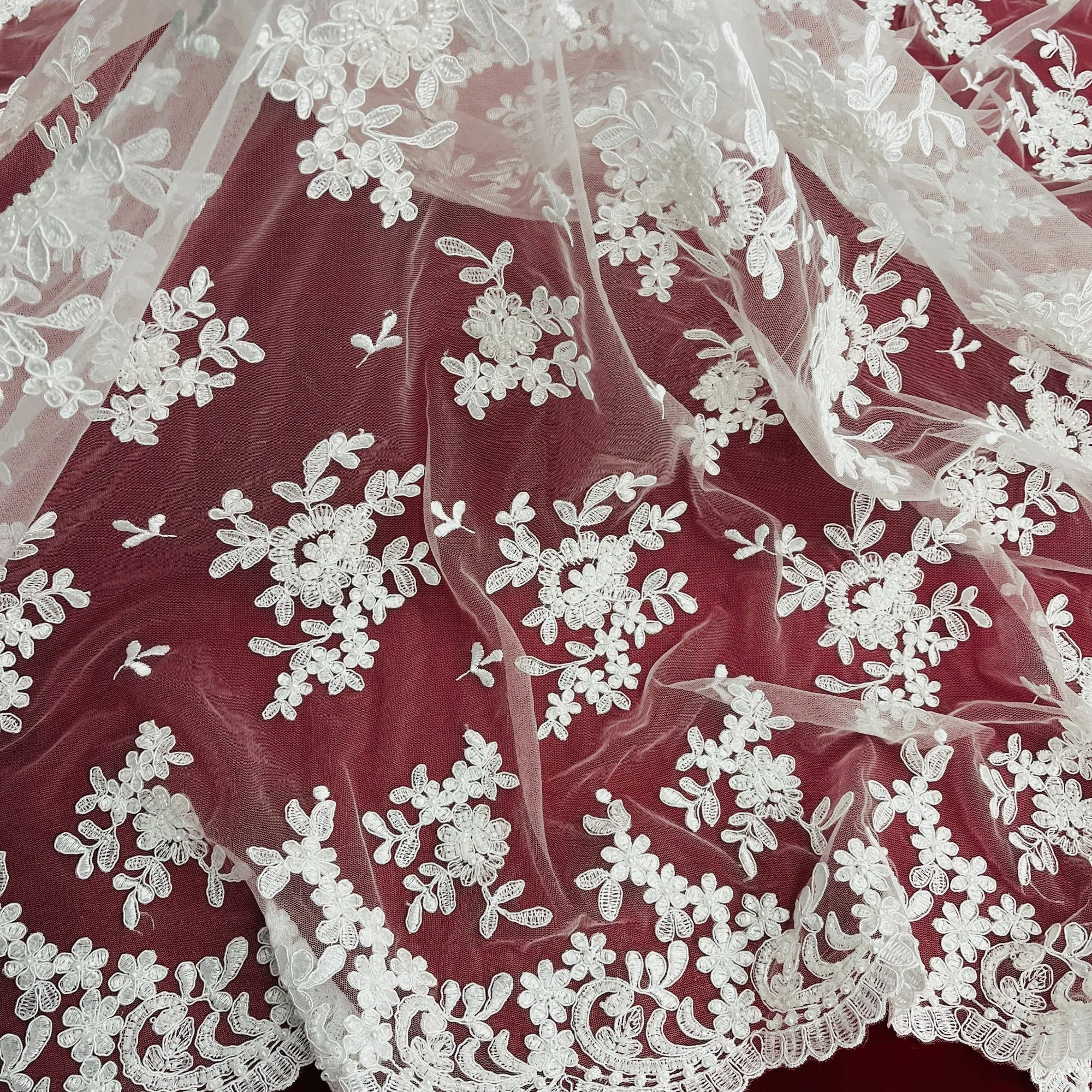 Beaded & Corded Bridal Lace Fabric Embroidered on 100% Polyester Net Mesh | Lace USA - 91436W-BP