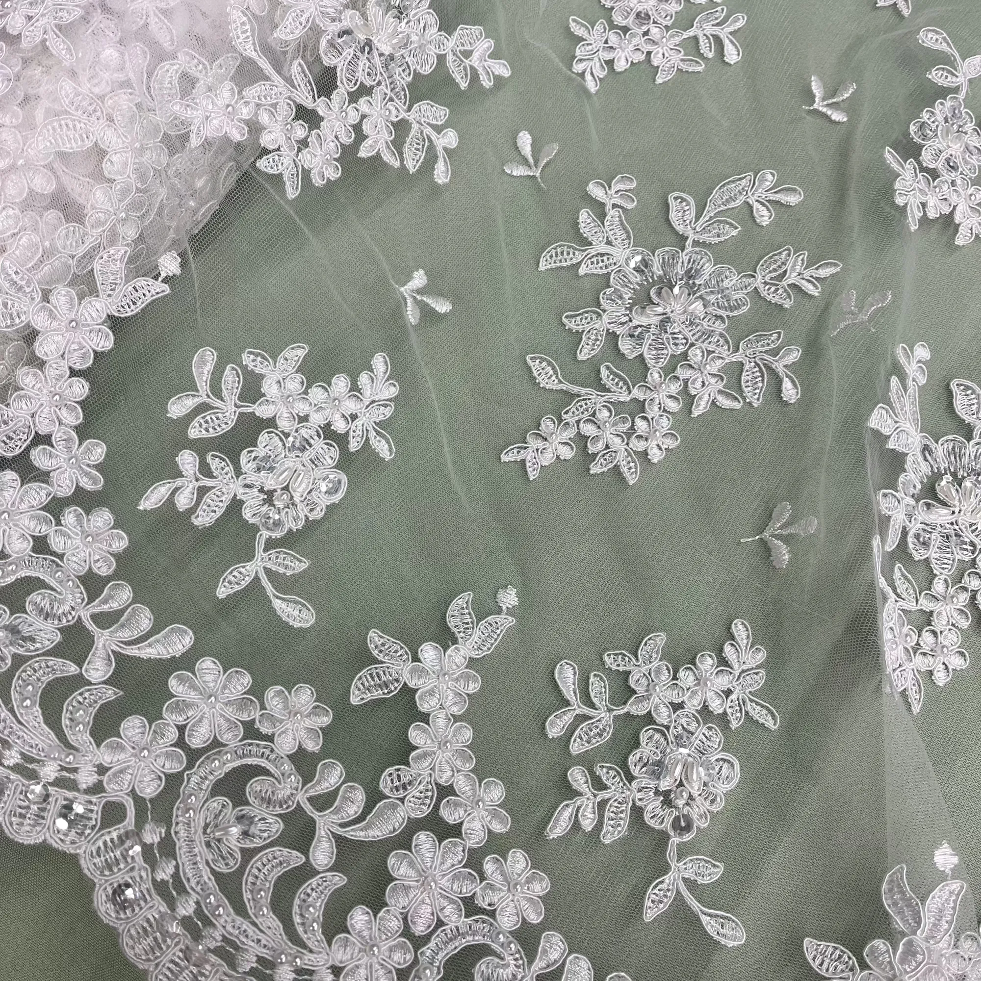 Beaded & Corded Bridal Lace Fabric Embroidered on 100% Polyester Net Mesh | Lace USA - 91436W-BP