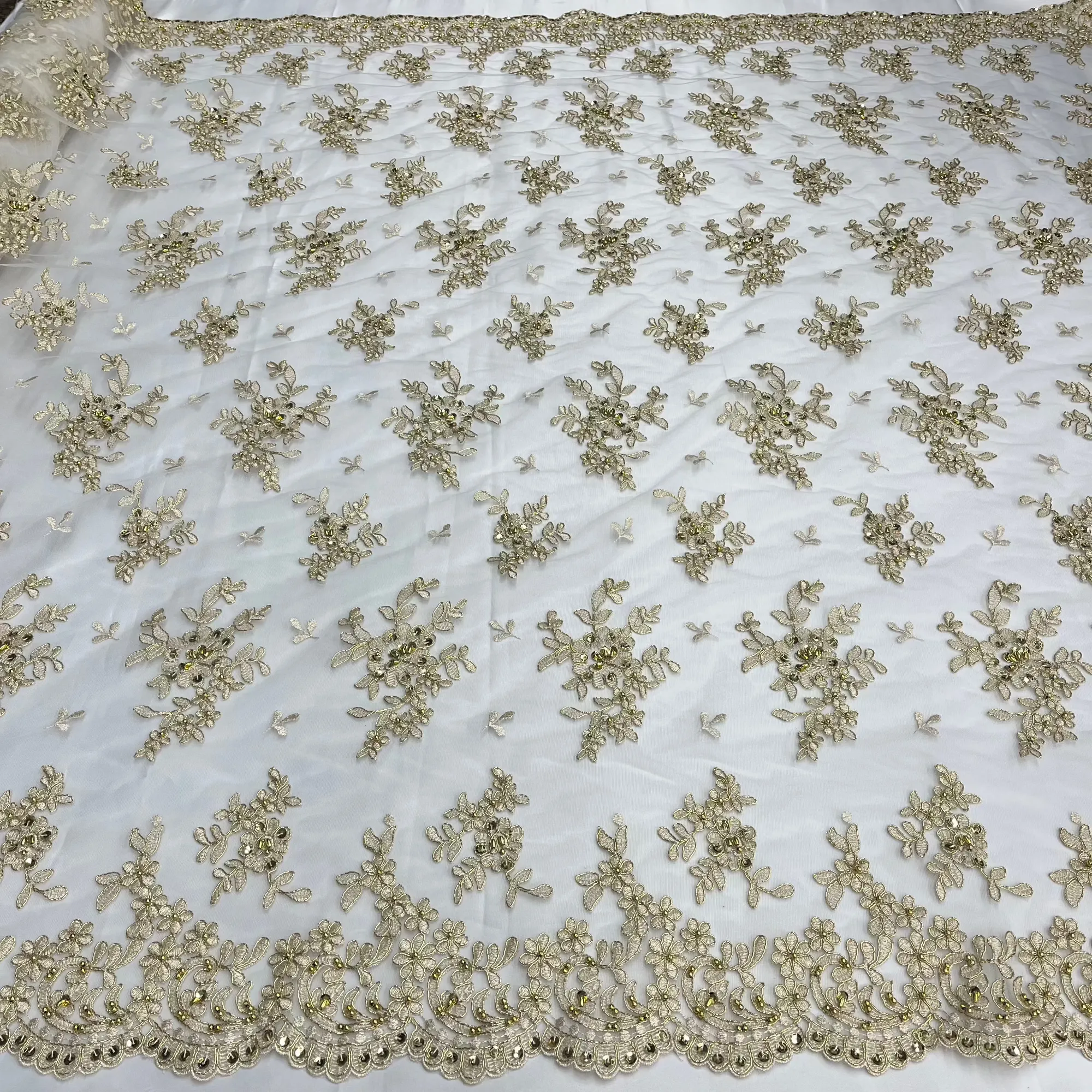 Beaded & Corded Bridal Lace Fabric Embroidered on 100% Polyester Net Mesh | Lace USA - 91436W-BP
