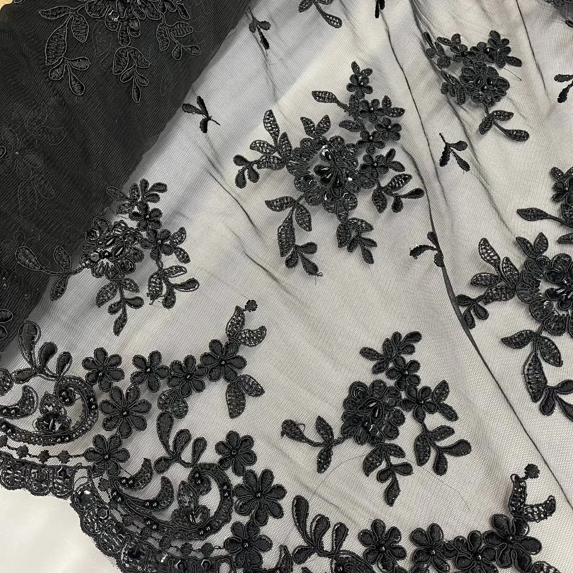 Beaded & Corded Bridal Lace Fabric Embroidered on 100% Polyester Net Mesh | Lace USA - 91436W-BP