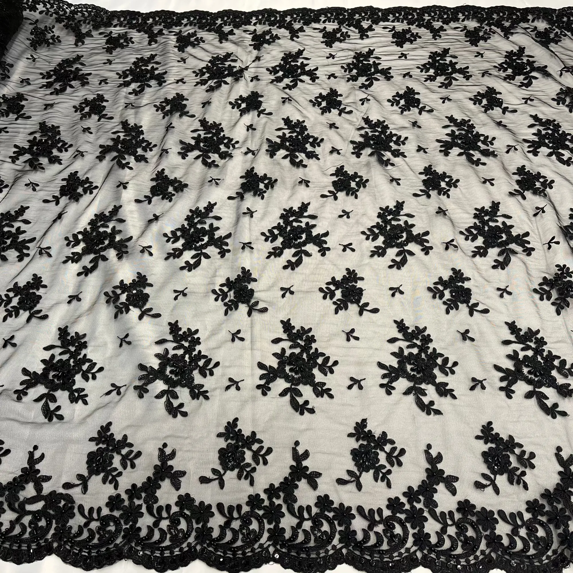 Beaded & Corded Bridal Lace Fabric Embroidered on 100% Polyester Net Mesh | Lace USA - 91436W-BP