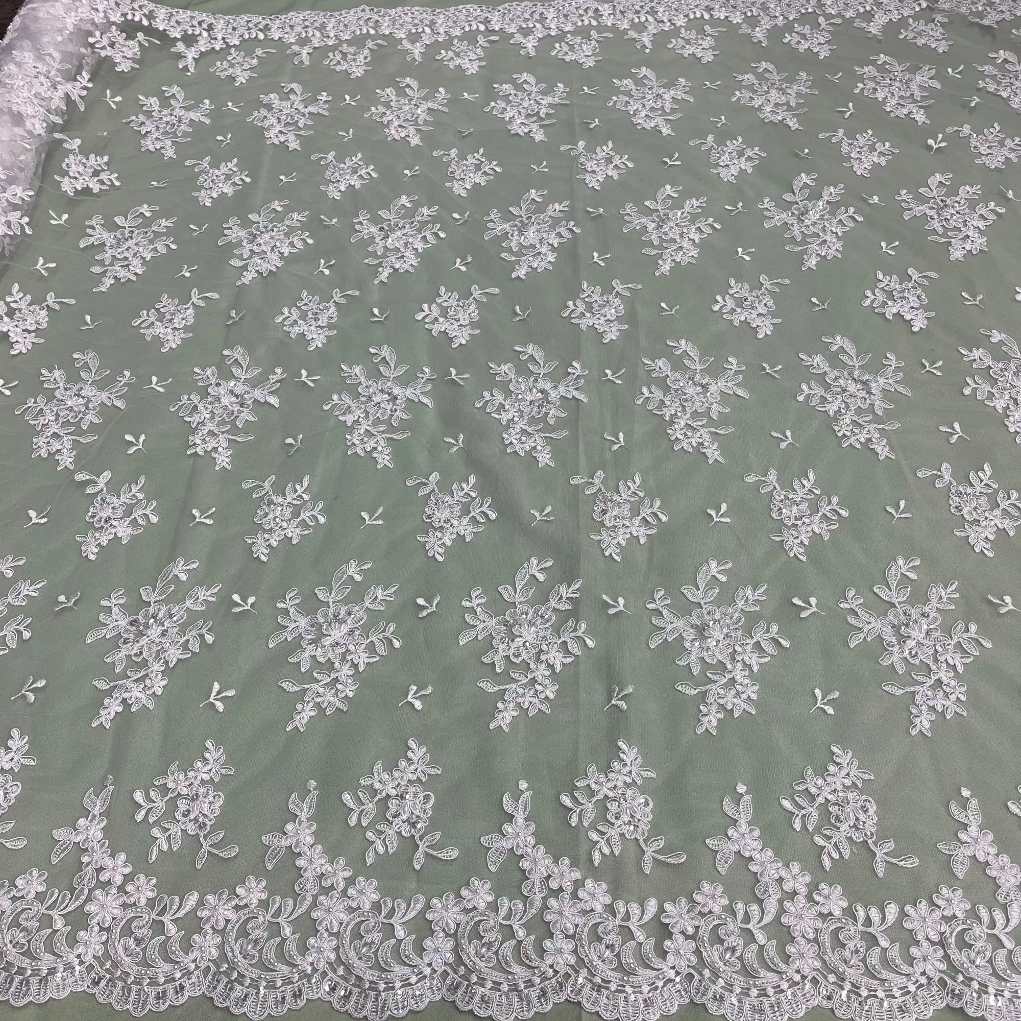 Beaded & Corded Bridal Lace Fabric Embroidered on 100% Polyester Net Mesh | Lace USA - 91436W-BP
