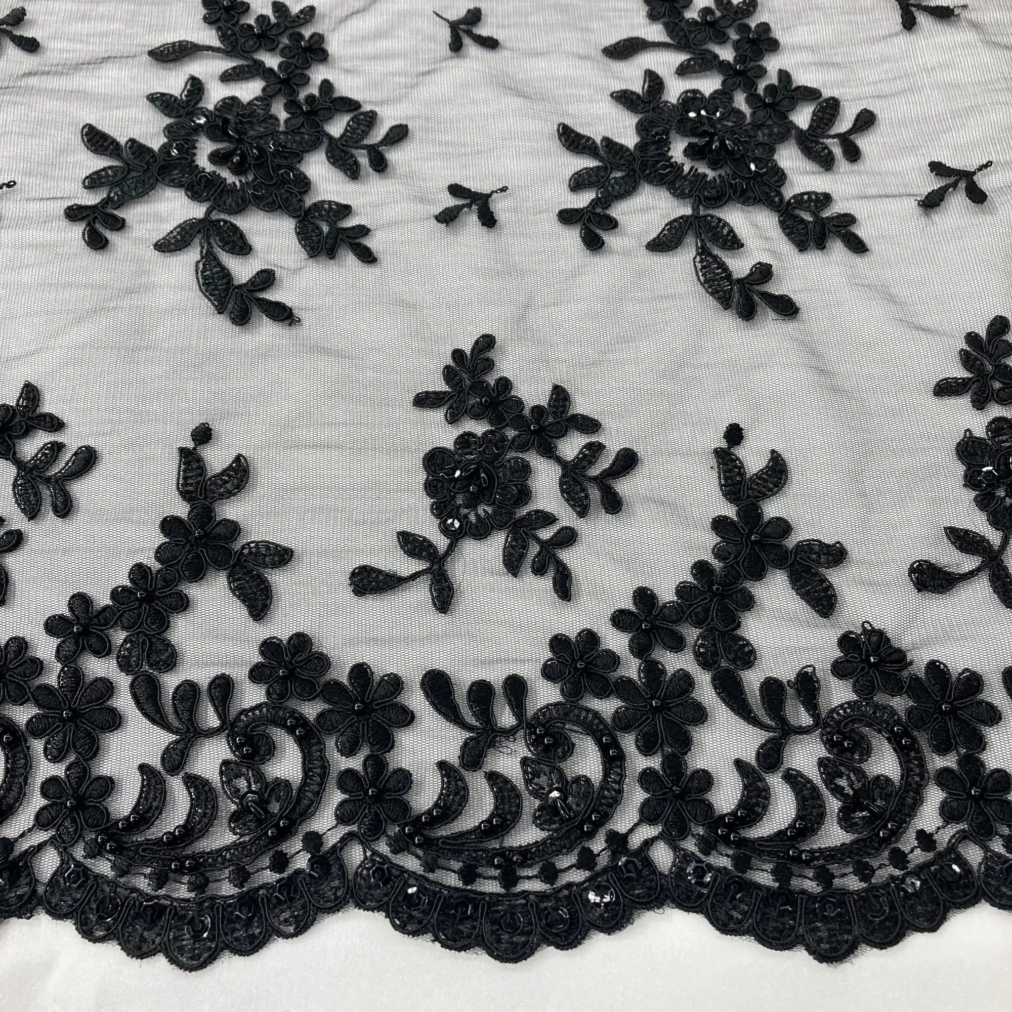 Beaded & Corded Bridal Lace Fabric Embroidered on 100% Polyester Net Mesh | Lace USA - 91436W-BP