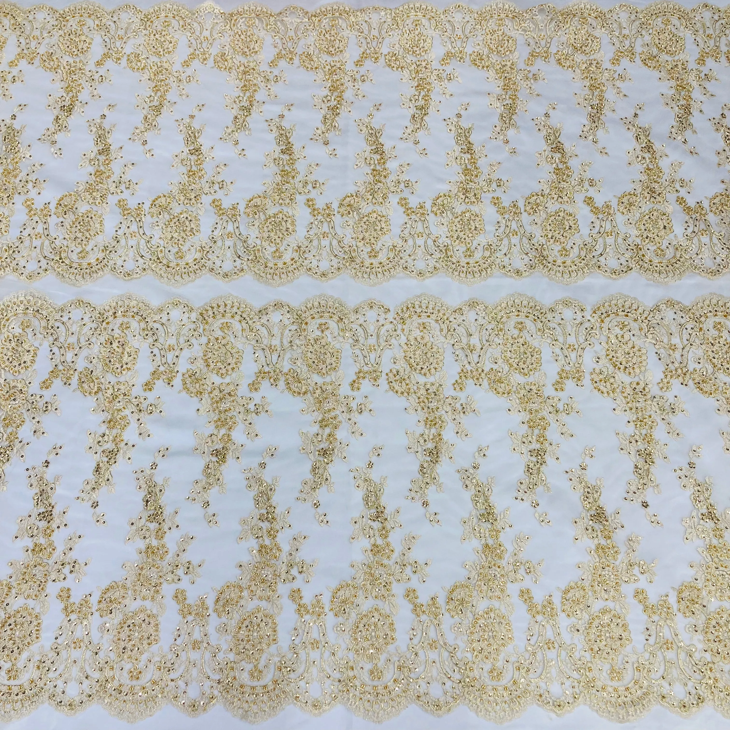 Beaded & Corded Bridal Lace Fabric Embroidered on 100% Polyester Net Mesh | Lace USA - 96874W-HB