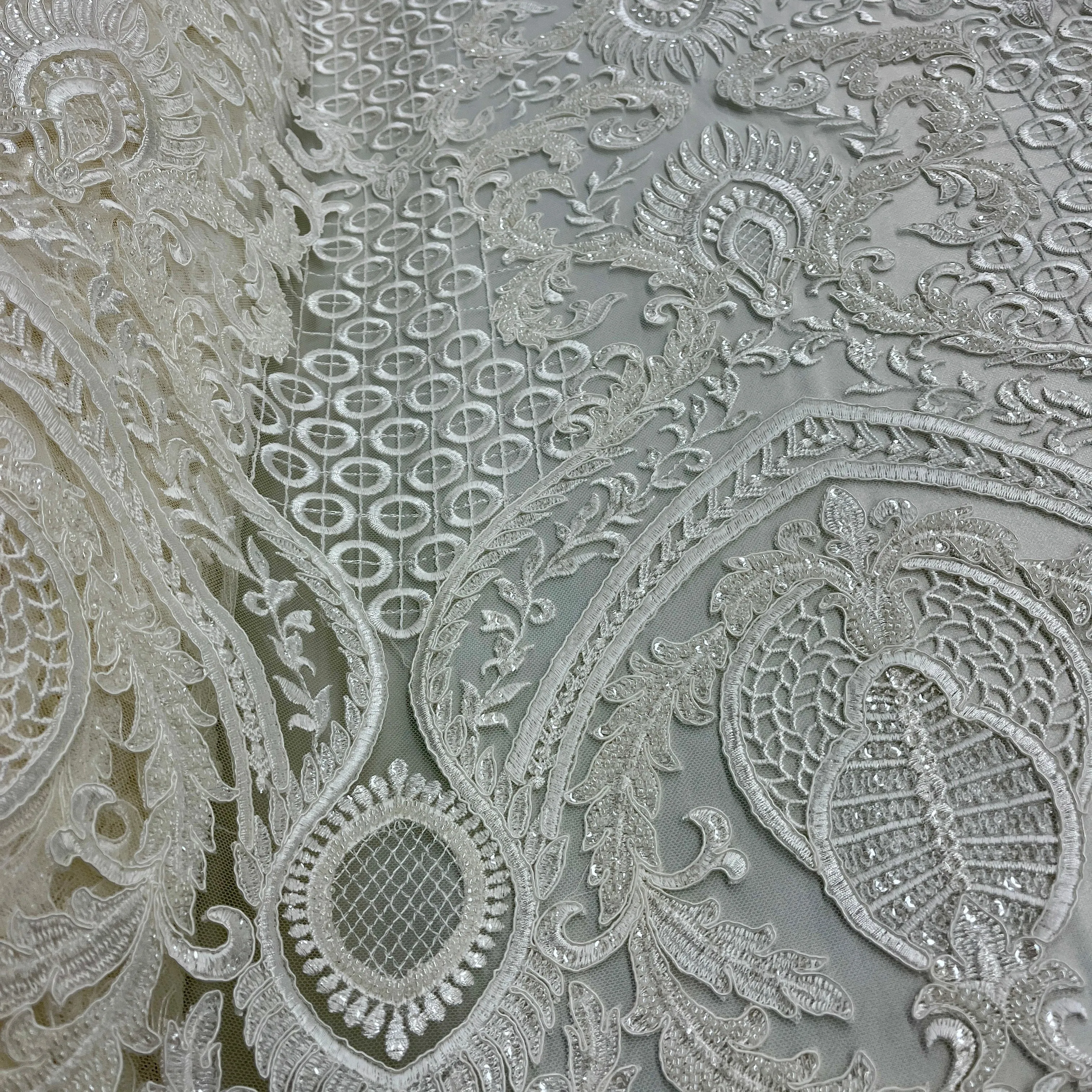 Beaded & Corded Bridal Lace Fabric Embroidered on 100% Polyester Net Mesh | Lace USA - GD-56127