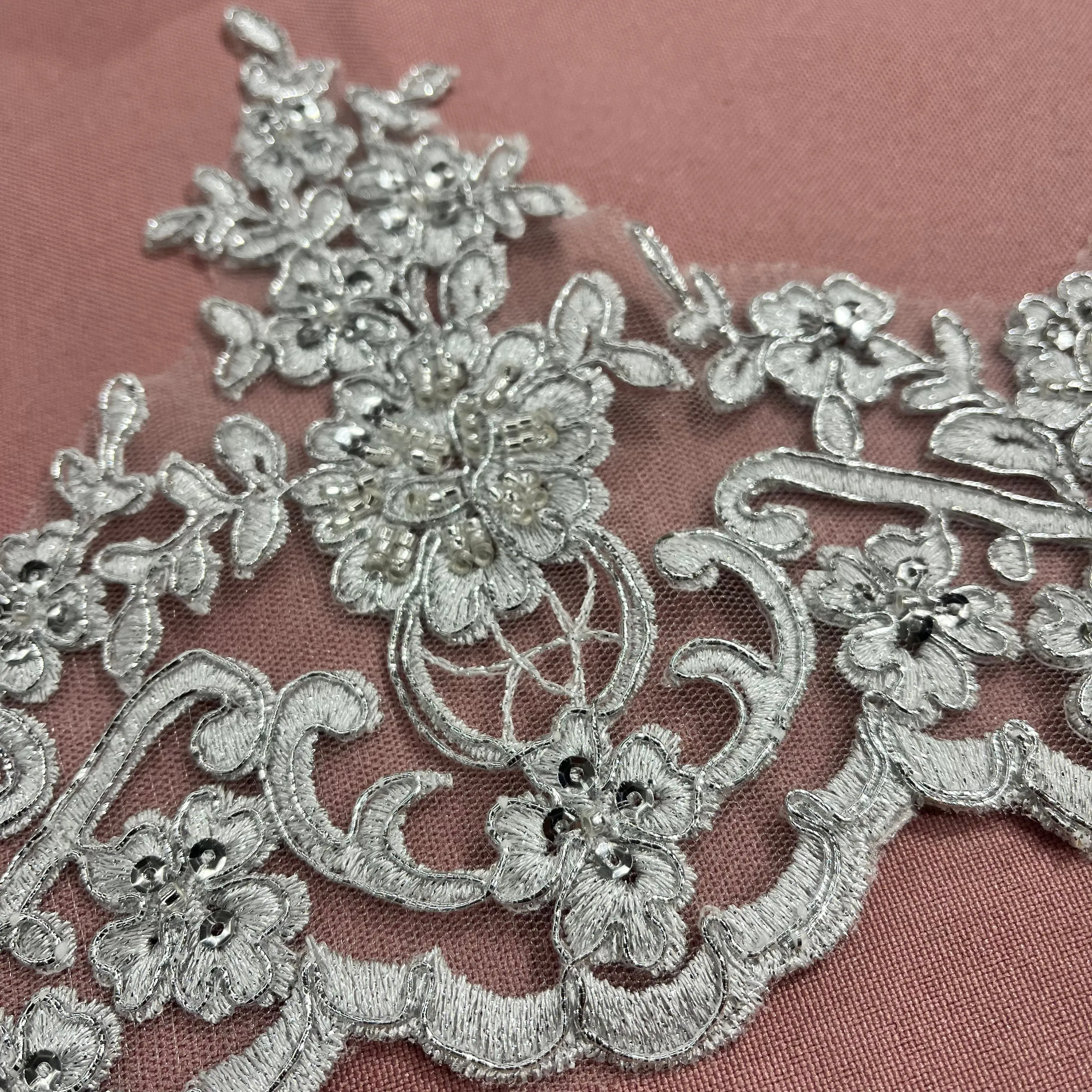 Beaded & Corded Floral Lace Trimming Embroidered on 100% Polyester Net Mesh | Lace USA - 96216W-HB