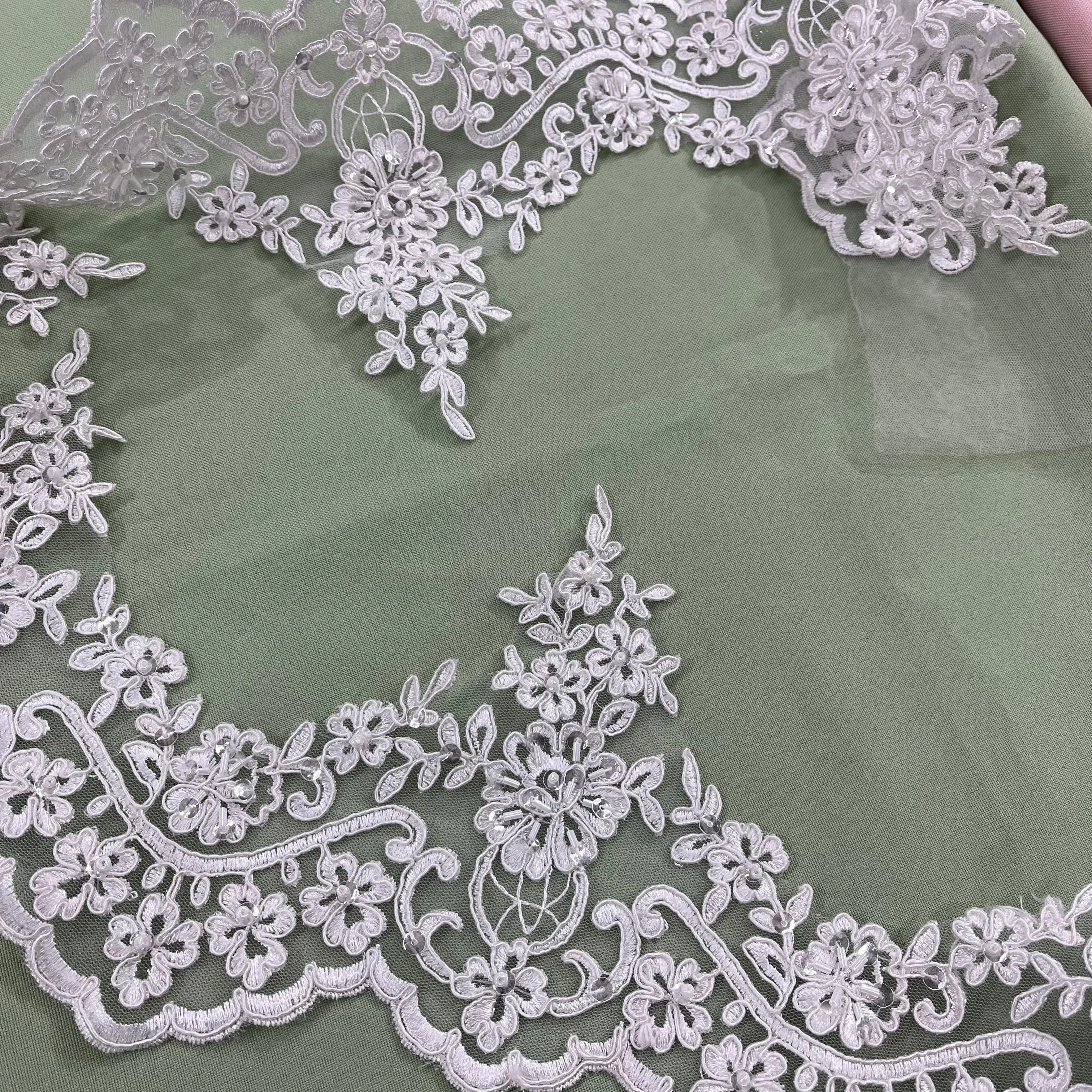 Beaded & Corded Floral Lace Trimming Embroidered on 100% Polyester Net Mesh | Lace USA - 96216W-HB