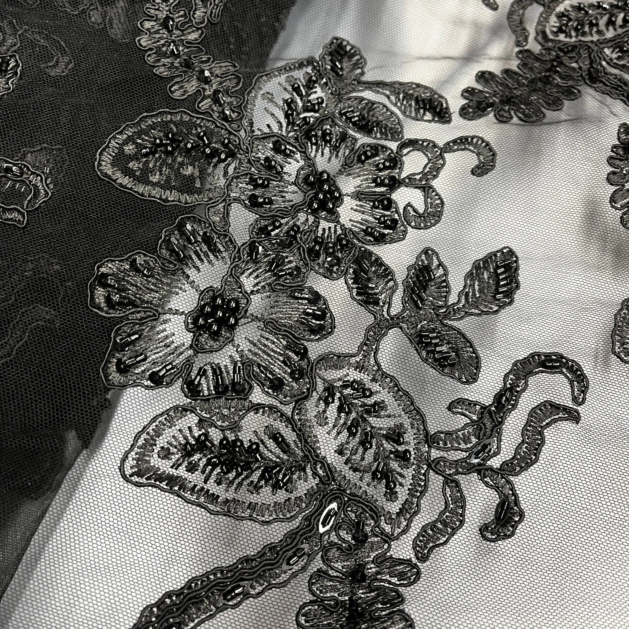 Beaded & Corded Lace Fabric Embroidered on 100% Polyester Net Mesh | Lace USA - GD-1823