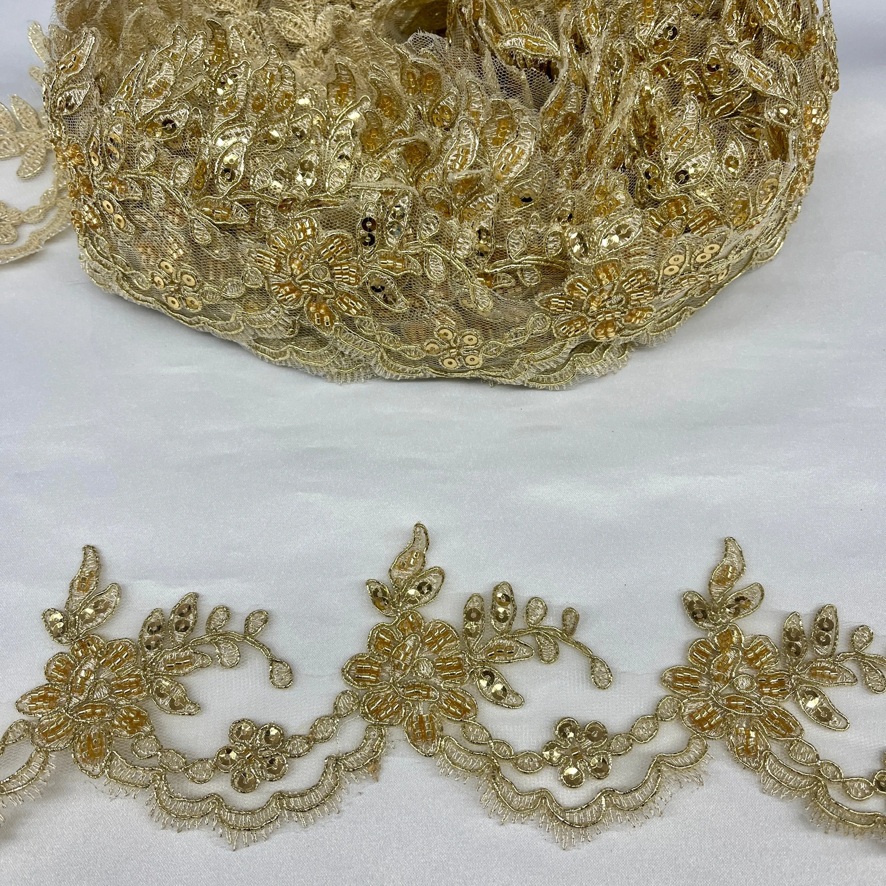 Beaded & Corded Lace Trimming Embroidered on 100% Polyester Net Mesh | Lace USA - 96665W-HB