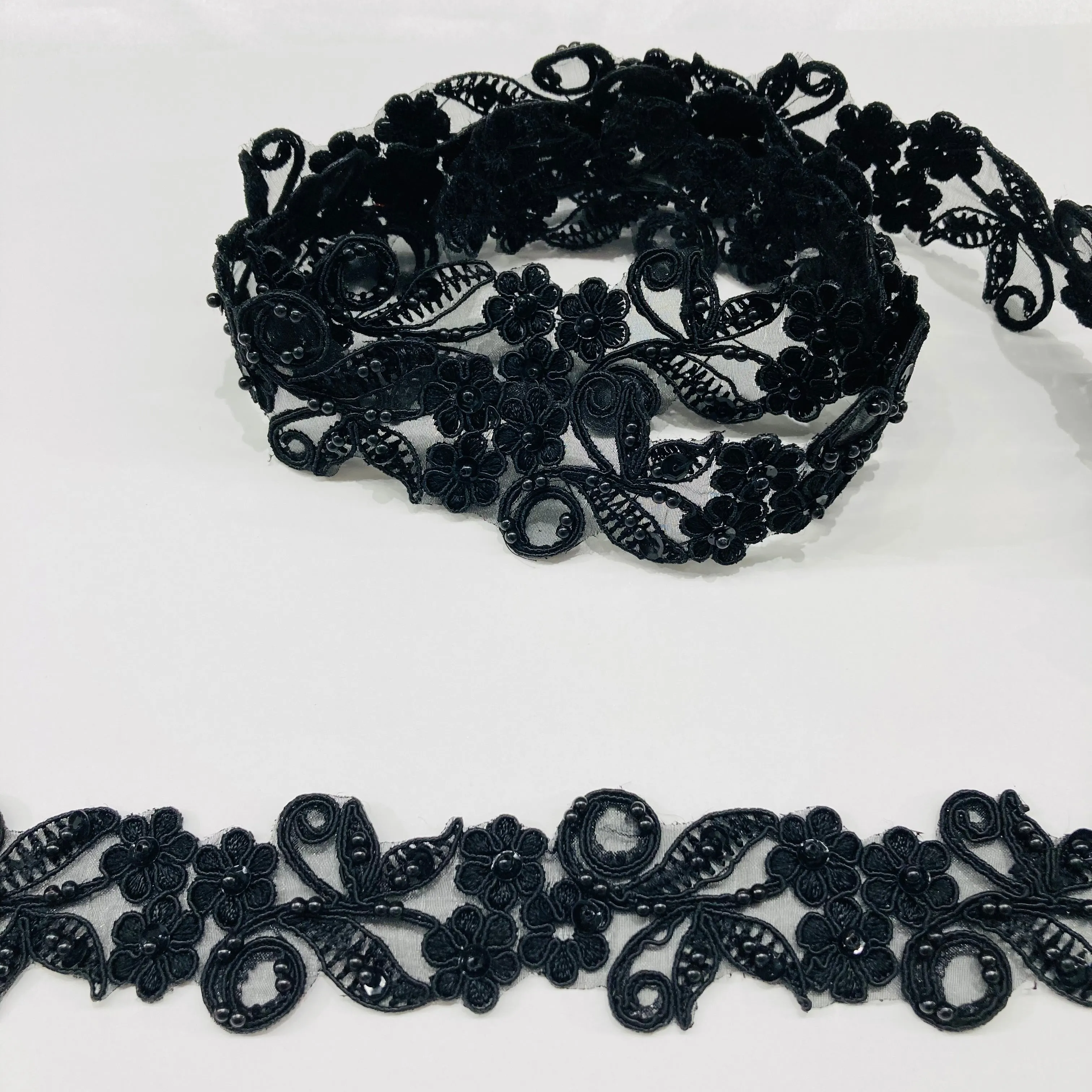 Beaded & Corded Lace Trimming Embroidered on 100% Polyester Organza | Lace USA - 95118N-BP