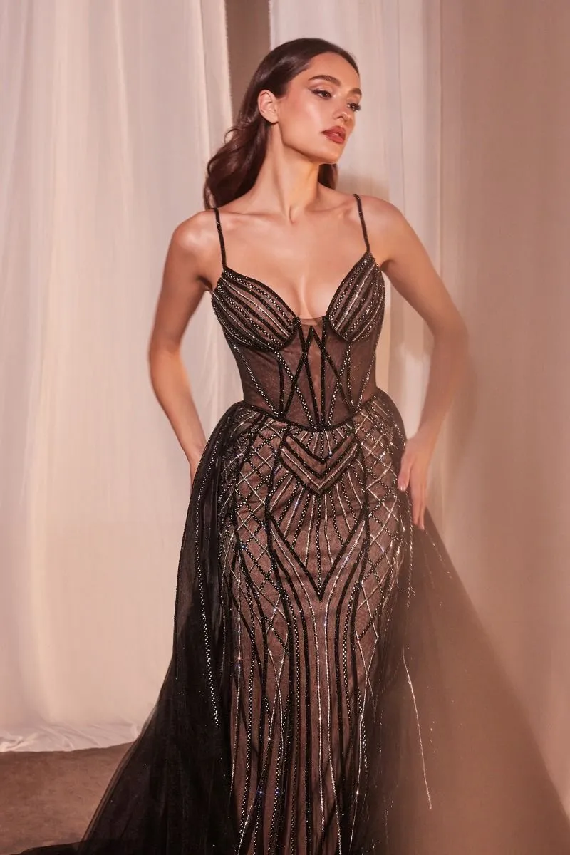 Beaded Fitted Gown With Overskirt (CD863)