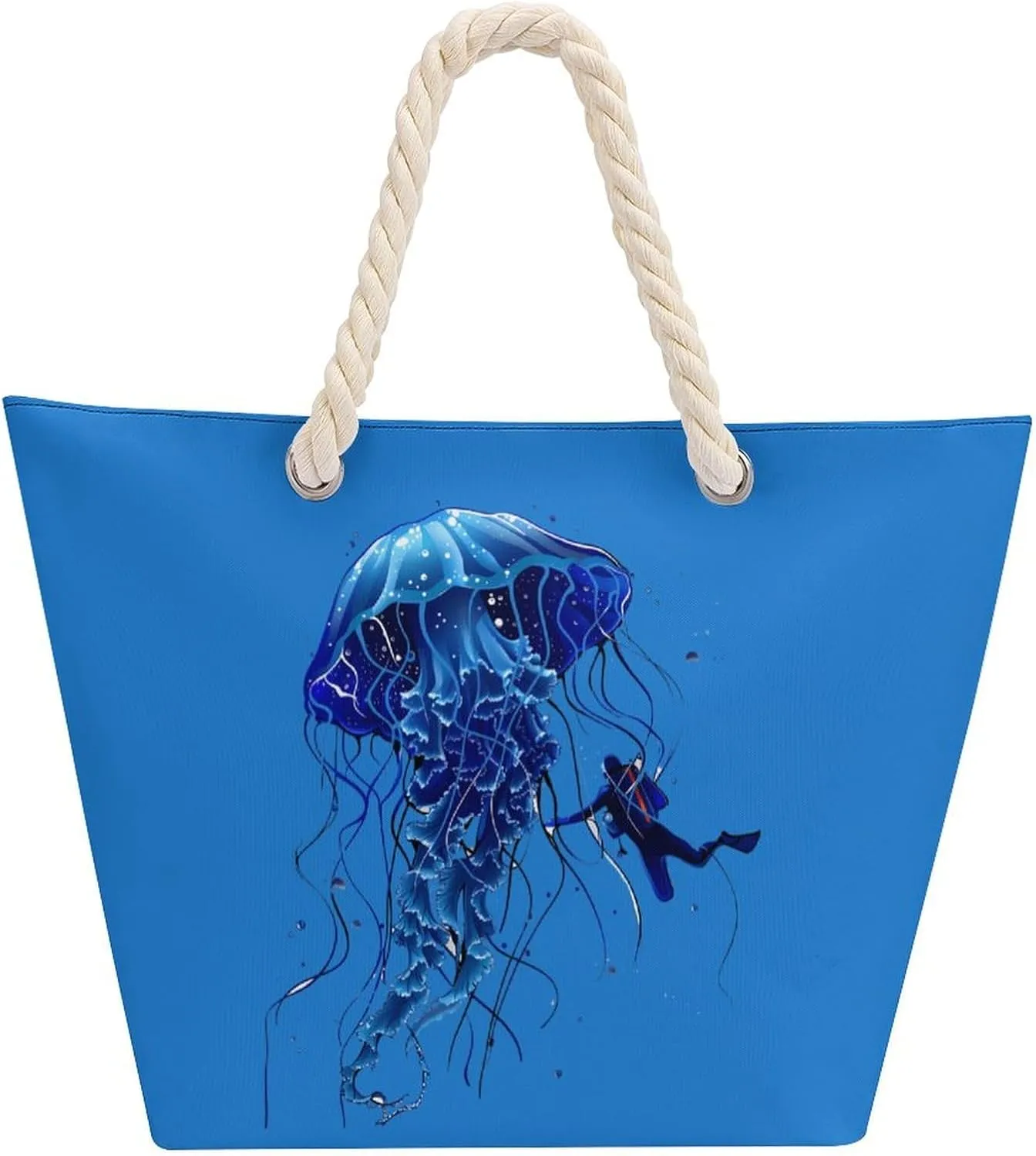 Beautiful Jelly Fish with Scuba Diver Beach Bag Large Tote Bags Shopping Travel Gym Handbags with Rope Handles