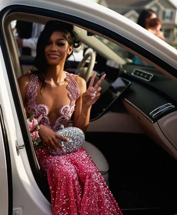 Beautiful Pink Sequin Beaded Mermaid Evening Dress Prom Dress