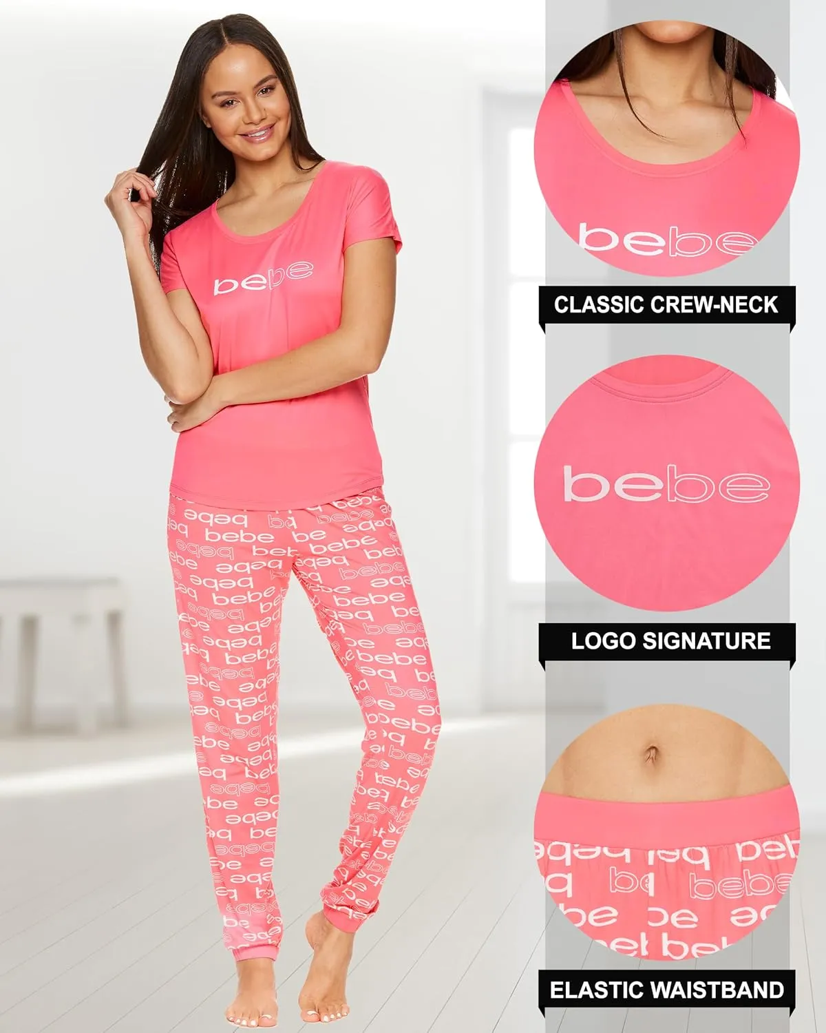 bebe Womens PJs Sets 2 Piece with Tee and Pajama Pants,Women's Sleepwear, Ladies Pajamas Sets