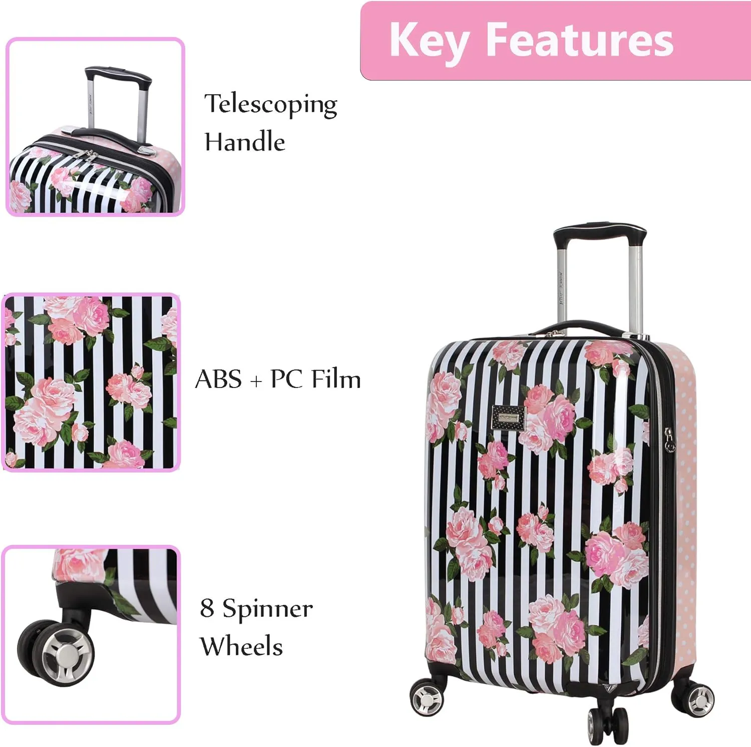 Betsey Johnson Designer 20 Inch Carry On - Expandable (ABS   PC) Hardside Luggage - Lightweight Durable Suitcase With 8-Rolling Spinner Wheels for Women (Stripe Roses)