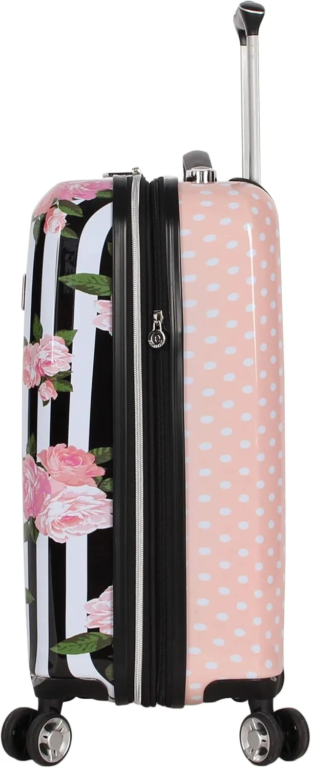 Betsey Johnson Designer 20 Inch Carry On - Expandable (ABS   PC) Hardside Luggage - Lightweight Durable Suitcase With 8-Rolling Spinner Wheels for Women (Stripe Roses)
