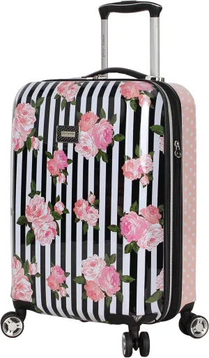 Betsey Johnson Designer 20 Inch Carry On - Expandable (ABS   PC) Hardside Luggage - Lightweight Durable Suitcase With 8-Rolling Spinner Wheels for Women (Stripe Roses)