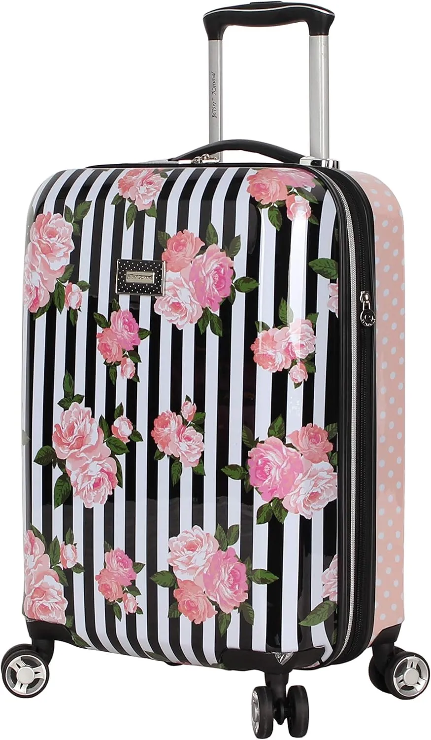 Betsey Johnson Designer 20 Inch Carry On - Expandable (ABS   PC) Hardside Luggage - Lightweight Durable Suitcase With 8-Rolling Spinner Wheels for Women (Stripe Roses)
