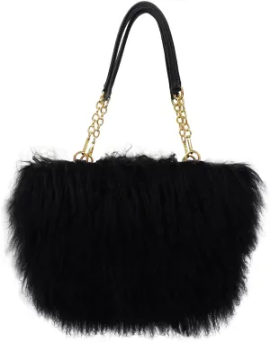 Big Fur Tote Bag Curly Lamb Hair Furry Purse with Genuine Leather Handles Plush Black Fur Handbag