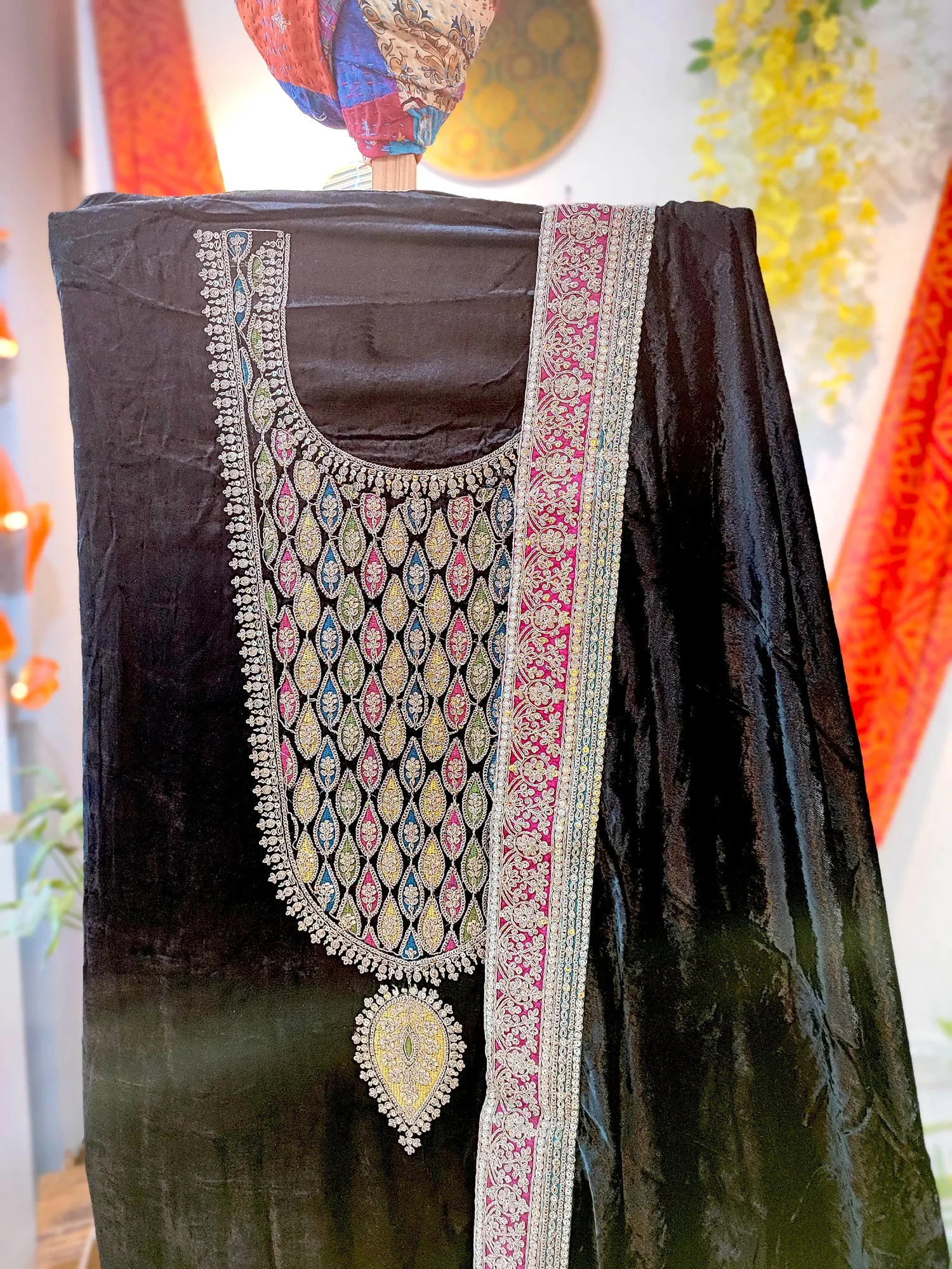 Black Velvet Suit Set with Exquisite Zari Handwork on Neck and Borders