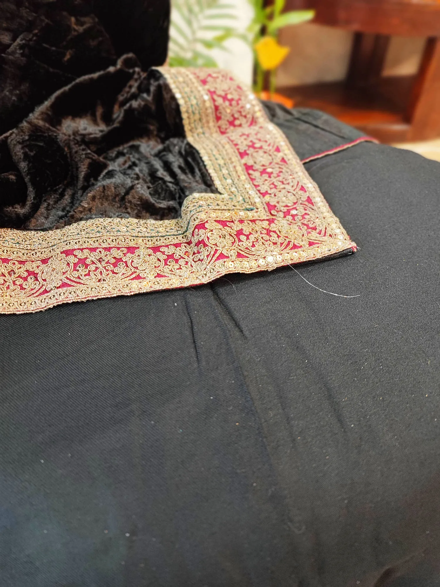 Black Velvet Suit Set with Exquisite Zari Handwork on Neck and Borders
