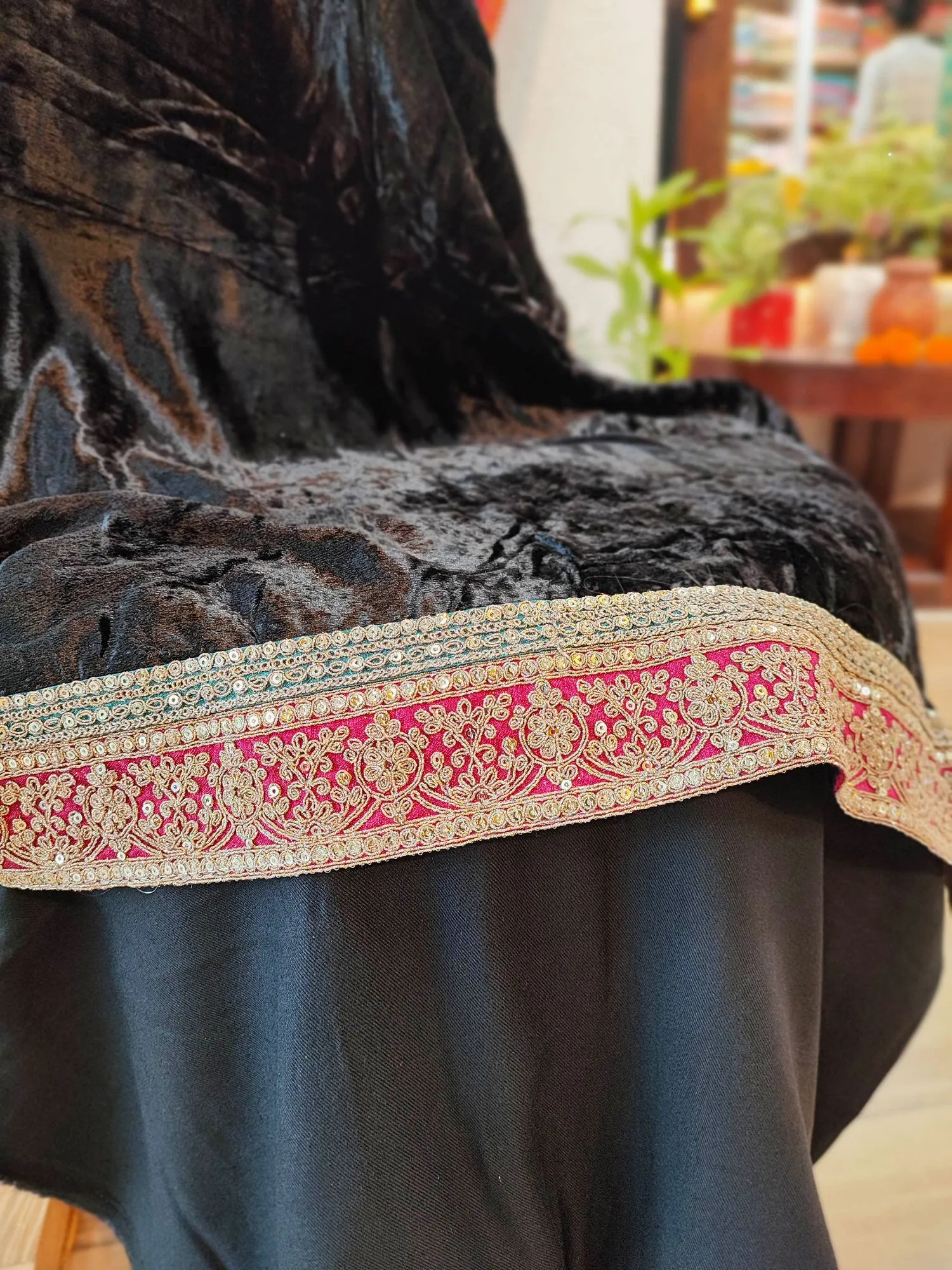 Black Velvet Suit Set with Exquisite Zari Handwork on Neck and Borders